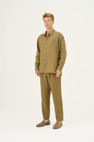 Olive Khaki Linen Larch Shirt - Linen Tales Global 