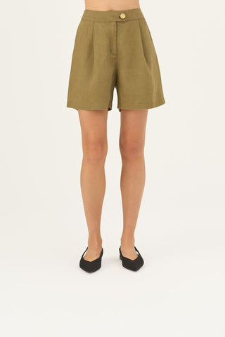 Olive Khaki Linen Mirabilis Shorts - Linen Tales Global 3