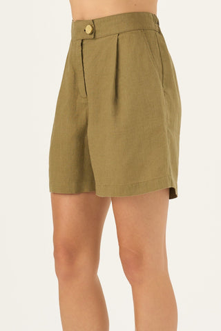 Olive Khaki Linen Mirabilis Shorts - Linen Tales Global 