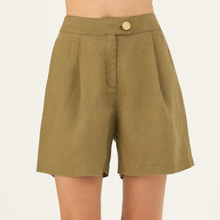 Olive Khaki Linen Mirabilis Shorts - Linen Tales Global 