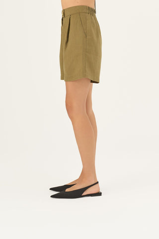Olive Khaki Linen Mirabilis Shorts - Linen Tales Global 4