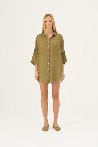 Olive Khaki Linen Oregano Shirt - Linen Tales Global 