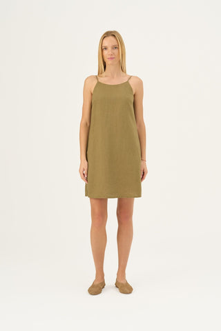 Olive Khaki Linen Stella Dress - Linen Tales Global 