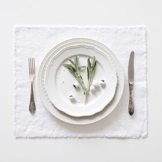 Optical White Linen Placemat with Fringes - Linen Tales Global 