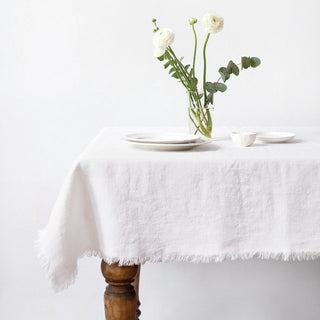 Optical White Linen Tablecloth with Fringes - Linen Tales Global 
