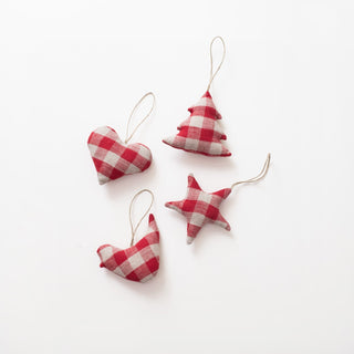 Red Gingham Christmas Tree Decorations Set of 4 - Linen Tales Global 