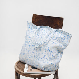 White Botanical Blue Linen Big Bag - Linen Tales 