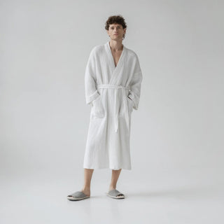 White Linen & Cotton Honeycomb Waffle Bathrobe - Linen Tales 