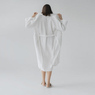 White Linen & Cotton Honeycomb Waffle Bathrobe - Linen Tales 4