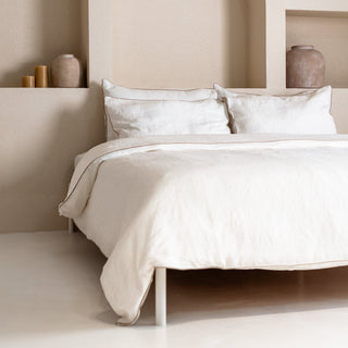 White Linen Duvet Cover Set with Natural Piping - Linen Tales Global 
