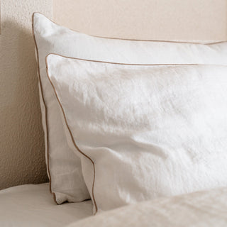 White Linen Pillowcase with Natural Piping Set of 2 - Linen Tales Global 