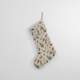 Winter Berries on Light Natural Linen Christmas Stocking - Linen Tales 