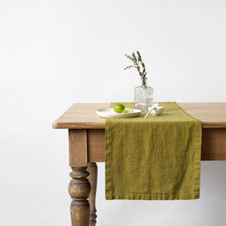 Moss Green Washed Linen Table Runner 