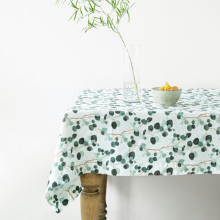 White Eucalyptus Print Washed Linen Tablecloth 