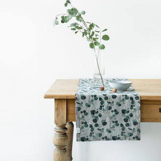 Natural Eucalyptus Print Washed Linen Table Runner 1