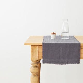 Dark Grey Washed Linen Table Runner with Fringes 
