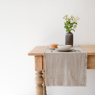 Natural Washed Linen Table Runner with Fringes 