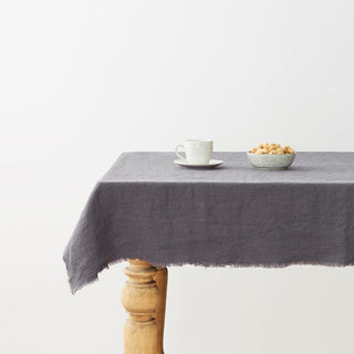 Dark Grey Washed Linen Tablecloth with Fringes 