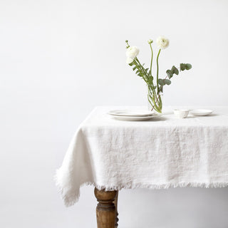 White Washed Linen Tablecloth with Fringes 1