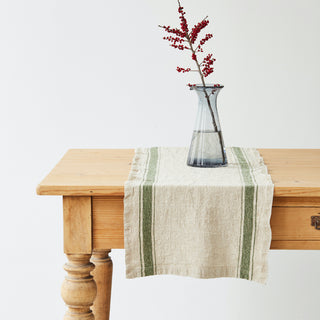Vintage Green Stripe Washed Linen Table Runner 