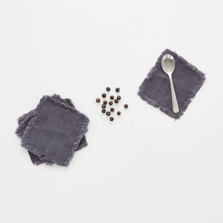 Set of 4 Dark Grey Washed Linen Coasters with Fringes 