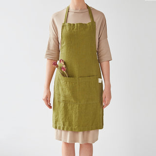 Moss Green Washed Linen Apron 1