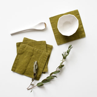Set of 4 Moss Green Washed Linen Coasters 1