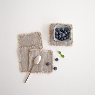 Set of 4 Natural Washed Linen Coasters with Fringes 3