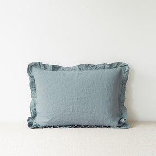 Blue Fog Frilled Washed Linen Pillowcase 