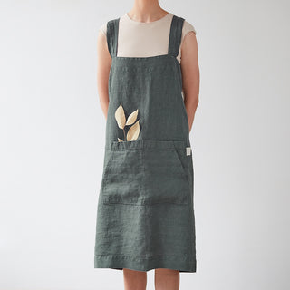 Forest Green Washed Linen Pinafore Apron 1