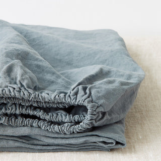 Blue Fog Fitted Washed Linen Bed Sheet 