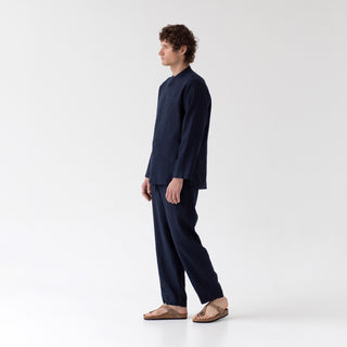 Bilberry Blue Color Currant Men's Linen Loungewear Set Side View 