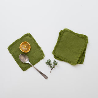 Christmas Green Linen Coasters with Fringe Set of 4 2