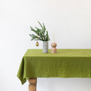 Christmas Green Linen Tablecloth with Fringe 