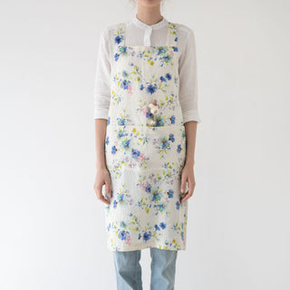 Flowers on White Washed Linen Crossback Apron 