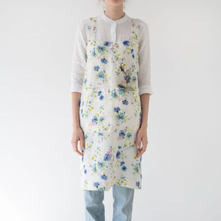 Flowers on White Washed Linen Pinafore Apron 1