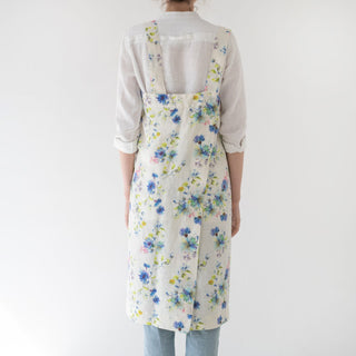 Flowers on White Washed Linen Pinafore Apron 2