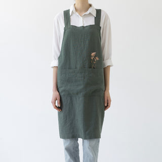Forest Green Washed Linen Crossback Apron 1