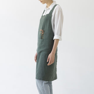 Forest Green Washed Linen Crossback Apron 3