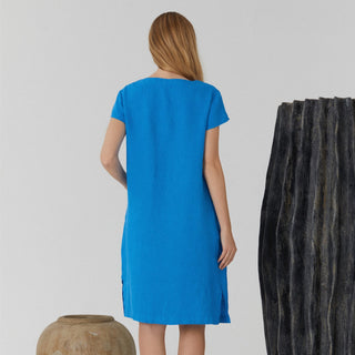 Bright Blue Linen Relaxed Fit Dress With Pockets And Side Slits For Women 