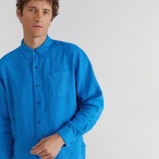 Bright Blue Loose Fit Linen Shirt For Men 1