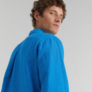 Bright Blue Linen Loose Fit Shirt For Men Side View 2