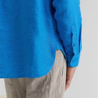 Bright Blue Linen Loose Fit Shirt For Men Back View 3