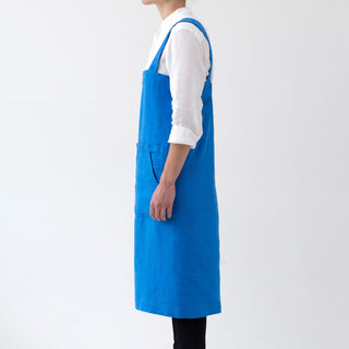 French Blue Washed Linen Pinafore Apron Side View 3