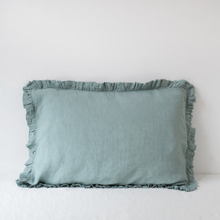Green Milieu Frilled Washed Linen Pillowcase 