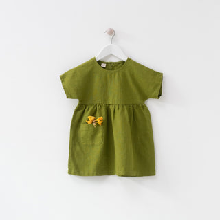 Kids Green Linen Partridge Dress 1
