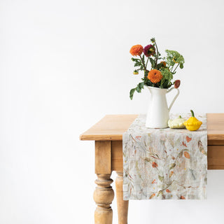Leaves on Natural Washed Linen Table Runner 