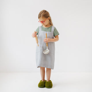 Light Grey Kids Washed Linen Pinafore Apron with Ladle and Rolling Pin 2