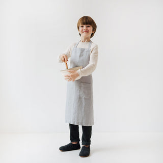 Light Grey Kids Washed Linen Apron with Bowl 2