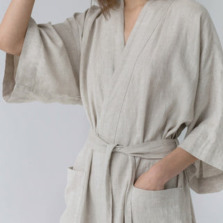 Melange Color Unisex Linen Summer Bathrobe On Women Model Up-Close 8
